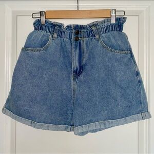 High Waisted Paper Bag Rolled Denim Shorts, MEDIUM